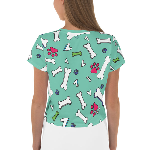 Red Paw Doggy Print with Seafoam Green Crop Tee