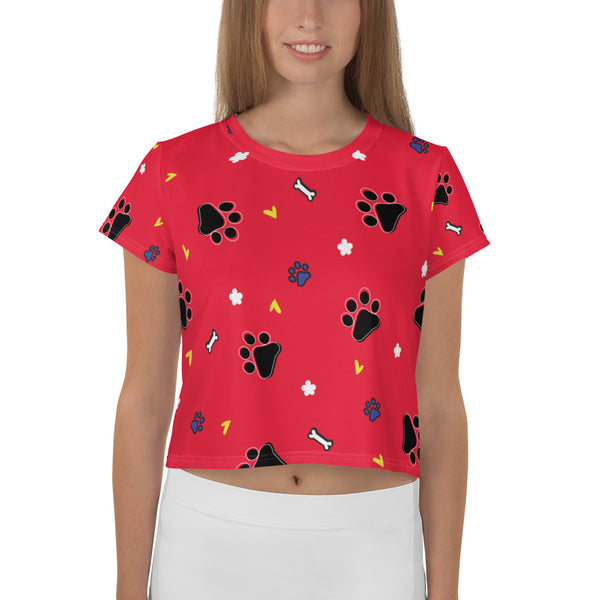 Black Paw Doggy Print with Crimson Red Crop Tee