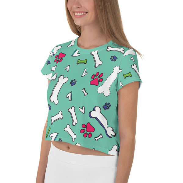 Red Paw Doggy Print with Seafoam Green Crop Tee