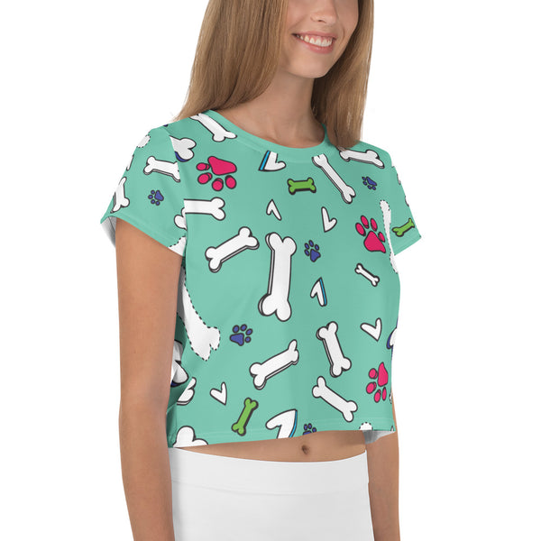 Red Paw Doggy Print with Seafoam Green Crop Tee